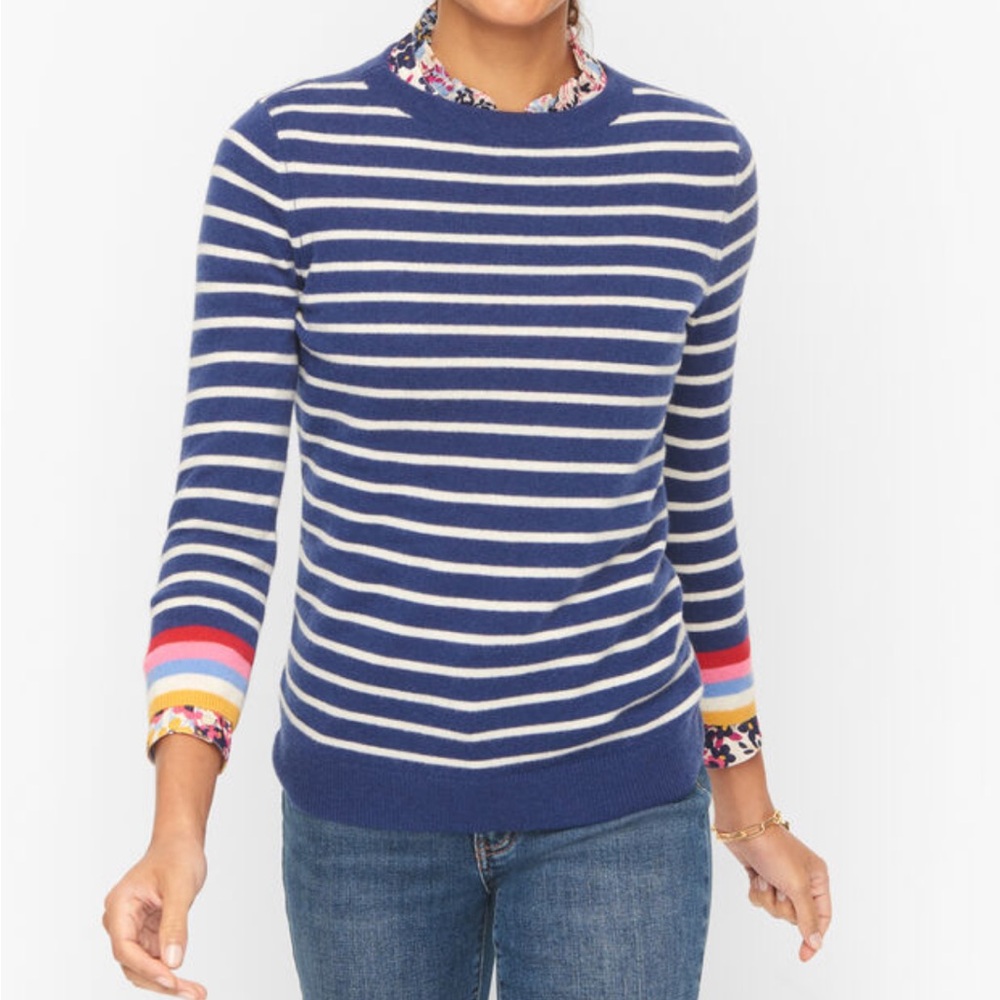 Talbots Audrey Navy Stripe Cashmere Sweater with Colorful Cuffs sz petite small